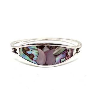 Pulsera rígida vintage de plata y alpaca con bisagra: con incrustaciones florales de concha de abulón y nácar.
