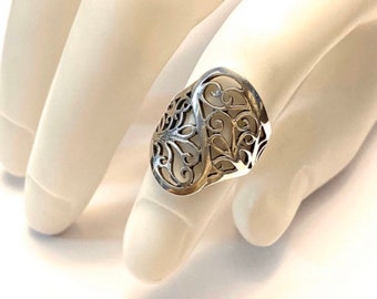 Sterling Silver Filigree Ring, Floral Ring Size 6