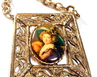 Huge Cameo Necklace with Square Filigree Pendant Goldtone