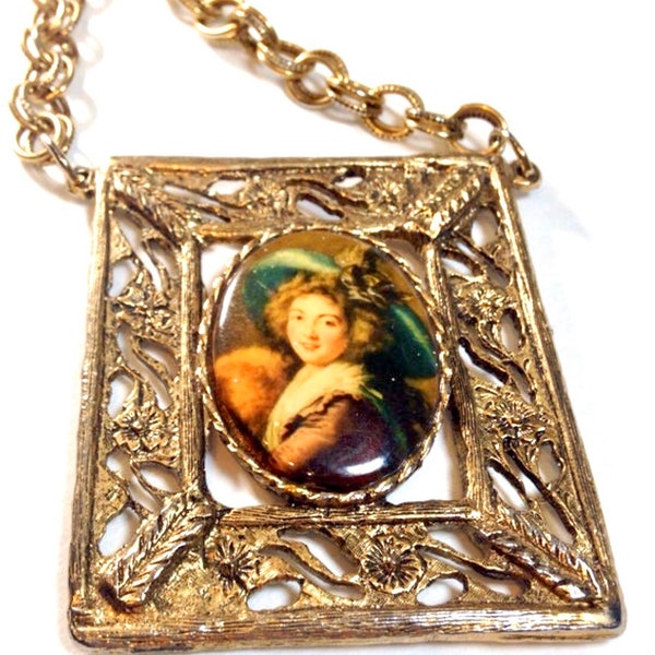 Huge Cameo Necklace with Square Filigree Pendant Goldtone