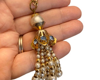 Vintage Faux Pearl Tassel Necklace, Gold Tone Chain, Blue Rhinestones