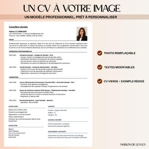 以下が含まれることがあります： UN CV À VOTRE IMAGEおよびUN MODÈLE PROFESSIONNEL, PRÊT À PERSONNALISERというテキストが記載されたプロフェッショナルな履歴書テンプレート。連絡先、プロフィール、職歴、学歴、スキル、関心事のセクションが含まれています。