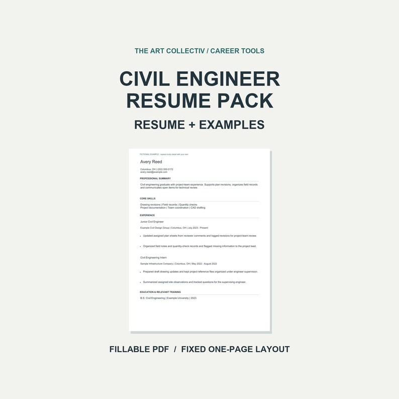 Civil Engineering Pamphlet Example Civil Engineer Resume Template PDF, Fillable One Page Resume With ...