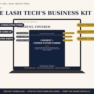 May include: A digital business kit for beauty professionals displayed on a laptop screen. The kit includes consent and consultation forms, aftercare cards, client record sheets, a beauty pricing calculator, message scripts, and booking policies.