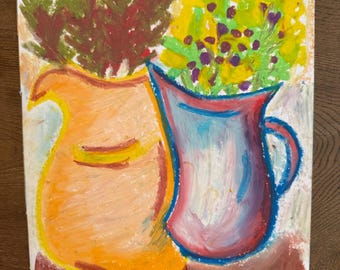 Original floral still life in oil pastel, jugs with yellow and purple flowers, expressionist art