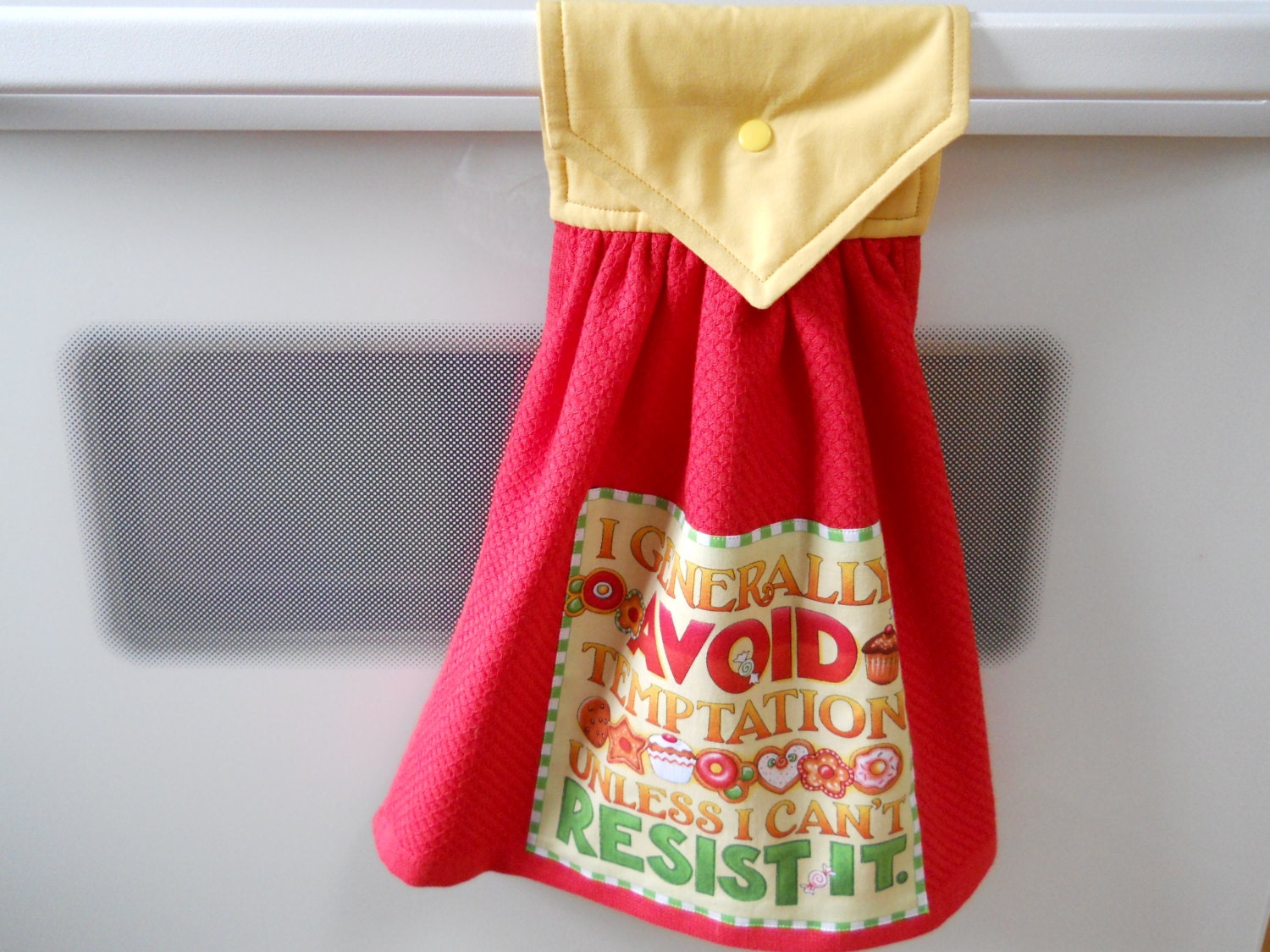 Hangingred kitchen towel with panel on the front. I Etsy