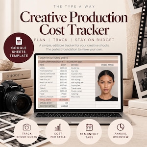 Op de afbeelding: Een digitaal Google Sheets-sjabloon genaamd Creative Production Cost Tracker op een laptopscherm. Het spreadsheet bevat een overzicht van de kosten voor een fotoshoot, inclusief model- en fotografiekosten, met een totaalbedrag van £ 2.480,00.