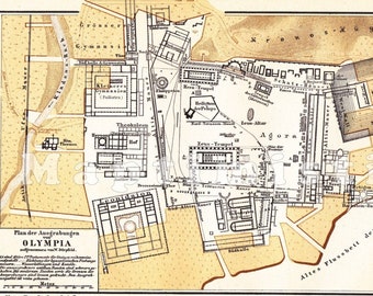 1896 Ancient Olympia in Greece with the Zeus and Hera Temples, the Cradle of the Olympic Games - Original Antique Historical Map