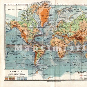 MAPA DEL MUNDO DE 1926 - Proyección de Mercator - Mapa geográfico mundial con corrientes oceánicas cálidas y frías, corriente del Golfo, mapa antiguo original, gráfico