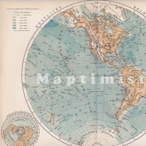 1898 HEMISFÉRIO OCIDENTAL do GLOBO com seções dos hemisférios norte e sul Mapa antigo original para moldura