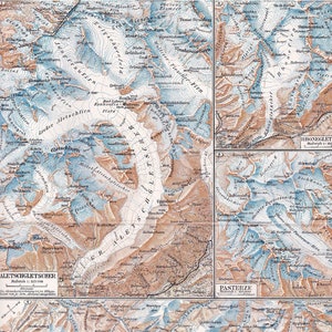 Antike Karte Jostedalsbreen, Rhone, Pasterze & der Große ALETSCH-Gletscher, 1925 Anfang des 20.Jahrhunderts