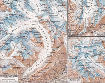 1925 European GLACIERS in the Beginning of the 20th Century - Jostedalsbreen, Rhone, Pasterze & Great ALETSCH Glacier, Geology, Antique Map