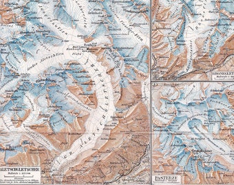 1925 European Glaciers in the Beginning of the 20th Century - Jostedalsbreen, Rhone, Pasterze & Great Aletsch Glacier, Geology, Antique Map