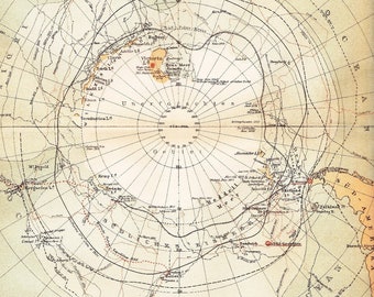 1899 The South Pole, the Antarctica and the Expedition Routes until 1899 with Names and Dates e.g. Cook, Kemp Original Dated Antique Map