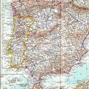 PORTUGAL et ESPAGNE de 1929 avec cartes en coupe de Madrid, Lisbonne et des Açores vers 1929, Gibraltar, Majorque, Ibiza, carte ancienne originale