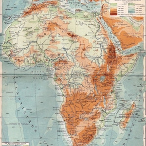 1924年 20世紀のアフリカの地理地図、河川網、山岳地帯、アフリカ大陸、地理、オリジナルアンティーク地図