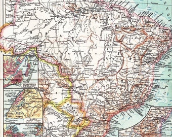 1929 Brazil & Bolivia, Uruguay and Argentina  - South America with Section Maps of the Main Cities around 1929 Original Antique German Map