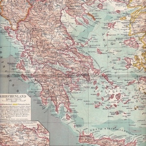 1925 GRIECHENLAND - Peloponnes, Festland, Kykladen, Ionische Inseln, der Dodekanes mit Kreta um 1925, Original Antike deutsche Landkarte