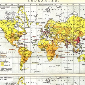 1898 年統計世界地図 - 1898 年頃の世界の人口密度と宗教の多様性 オリジナルのアンティーク統計地図