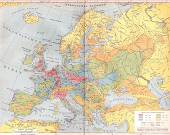 1898 POPULATION DENSITY in EUROPE per Square Kilometer around 1898, Mediterranean Region, Scandinavia, Original Antique Statistical Map