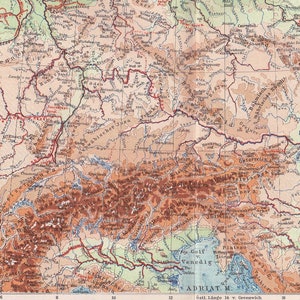 Ríos y sistemas montañosos de Europa Central (1925): Mapa geográfico de Alemania, Austria y los Alpes en el siglo XX. Mapa antiguo original.