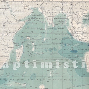 1903 Indischer Ozean, der drittgrößte Ozean, der von Asien, AFRIKA und Australien begrenzt wird mit Tiefenwerten - Originale antike Landkarte