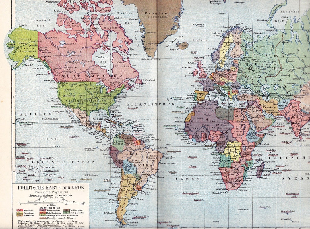 1927 WORLD CHART - Mercator Projection of the EARTH, Political Map of ...