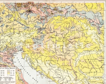 1904 Population Density on the Territory of Austria-Hungary in 1900 Original Antique Statistical Map