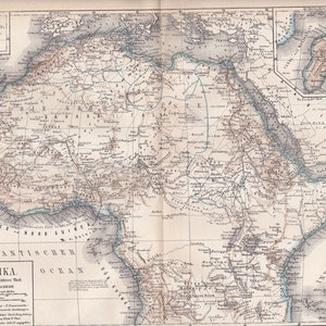 1874 NORD- und MITTELTEIL von AFRIKA mit Angabe der Hoheitsgebiete, mit Schnittkarte von Madagaskar um 1874 Original Antike deutsche Landkarte