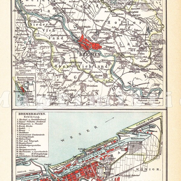 1898 Free Hanseatic City of Bremen and Bremerhaven with the River Weser at the end of the 19th Century Original Dated Antique Map