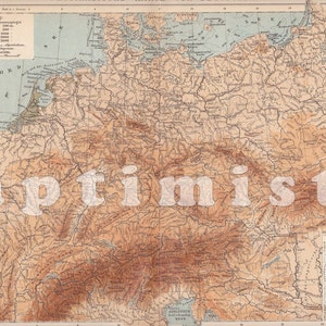 1898 Geographical Map of Germany and the Alps at the end of the 19th Century, Central Europe, Rivers and Mountains, Original Antique Map image 1