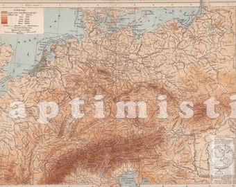 1898 Geographical Map of Germany and the Alps at the end of the 19th Century, Central Europe, Rivers and Mountains, Original Antique Map