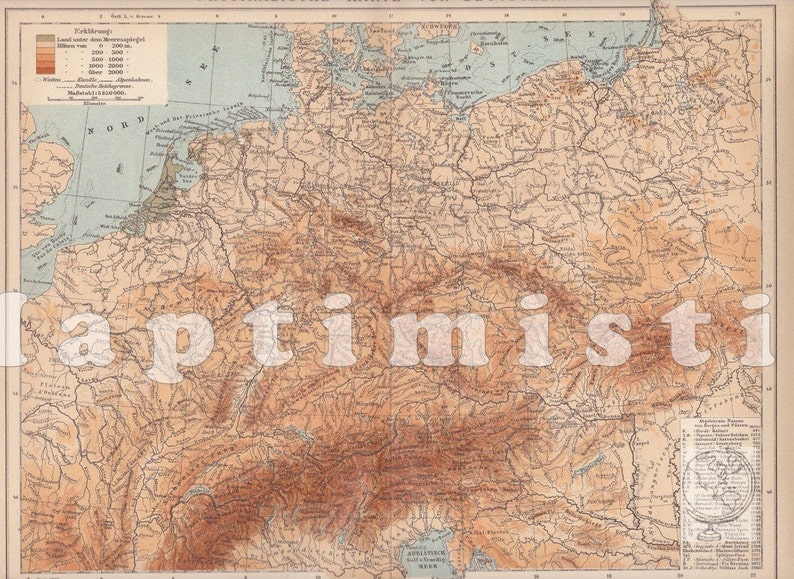 1898 Geographical Map of Germany and the Alps at the end of the 19th Century, Central Europe, Rivers and Mountains, Original Antique Map image 1