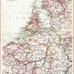1898 SHIPPING and River TRANSPORT ROUTES in Belgium and the Netherlands - Western Europe at the end of the 19th Century Original Antique Map