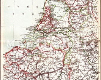 1898 SHIPPING and River TRANSPORT ROUTES in Belgium and the Netherlands - Western Europe at the end of the 19th Century Original Antique Map