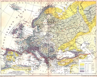 1898 RAIN CHART of Europe  - Average RAINFALL per Year in Europe around 1898 - Rainfall Diversity Original Antique Statistical Map