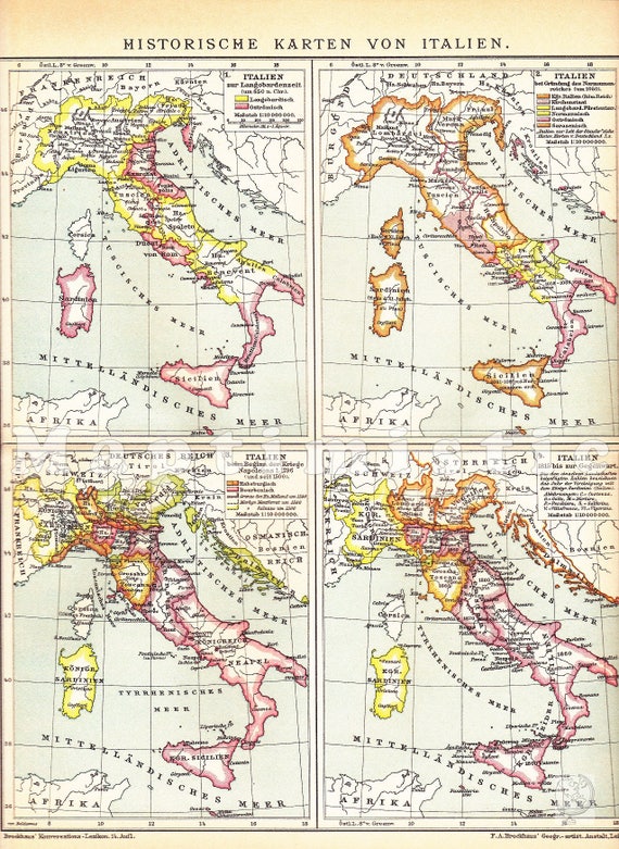 Italien bis in die Zeit des Kaisers Augustus Karte Lithographie 1895 historisch