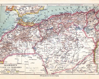 1926 Morocco, Tunisia and Algeria - North Africa around 1926, Gibraltar, the Strait of Gibraltar, the Sahara, Original Antique Political Map