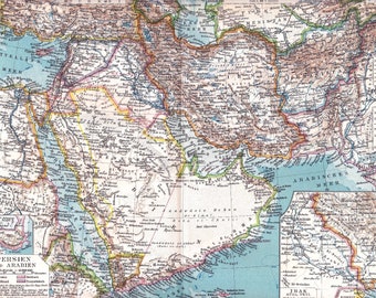 1927 Persia, present Iran, the Arabian Peninsula, Iraq, Afghanistan, Western Asia around 1927, Red Sea, Original Antique Political Map