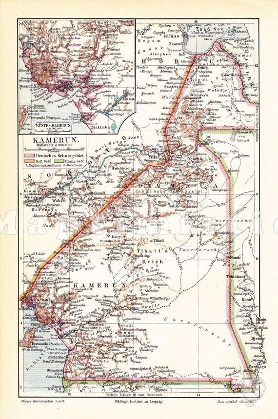 Alte historische Landkarte Kamerun Karte Lithographie 1909