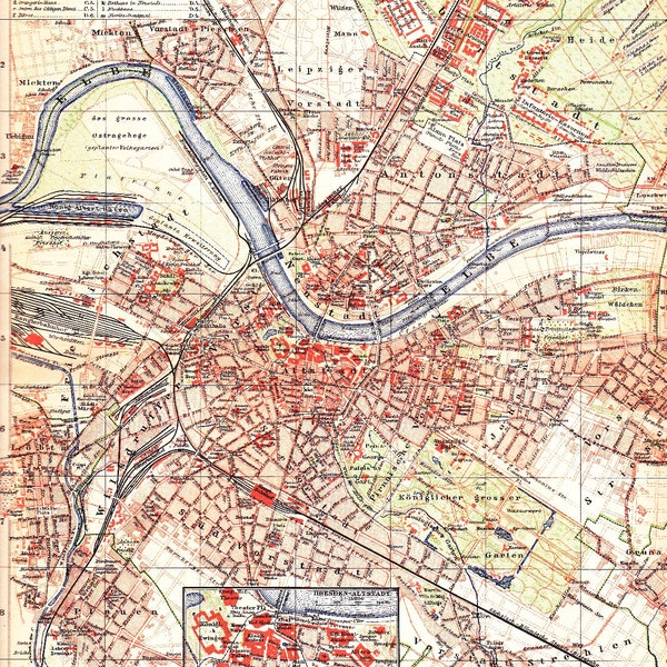 1899 CITY Map of DRESDEN, Kingdom of Saxony, German Empire, Old Town, Zwinger, Royal Theater, Freuenkirche, Altstadt, Original Antique Map