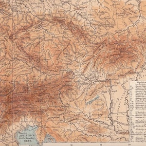 1898 Geographical Map of Germany and the Alps at the end of the 19th Century, Central Europe, Rivers and Mountains, Original Antique Map image 2