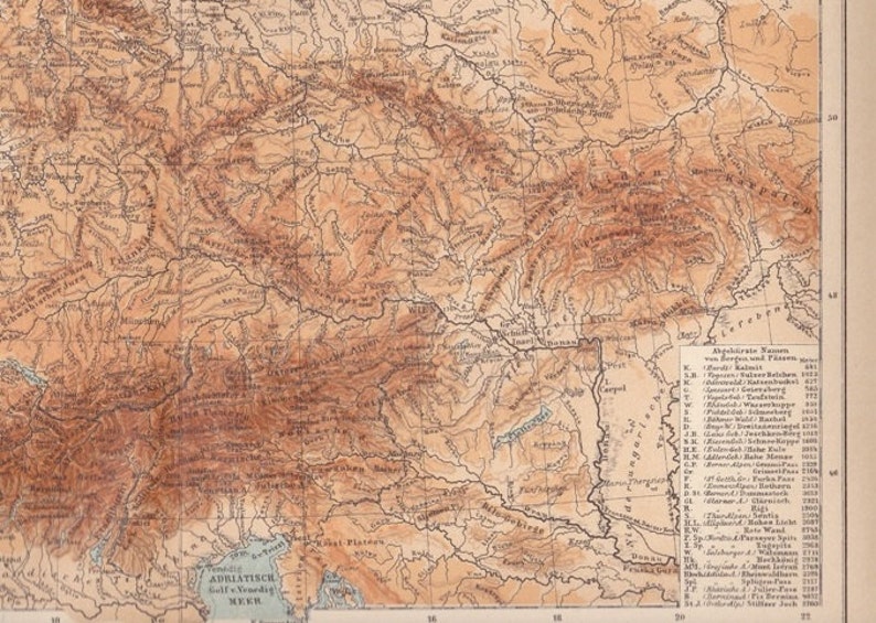 1898 Geographical Map of Germany and the Alps at the end of the 19th Century, Central Europe, Rivers and Mountains, Original Antique Map image 2