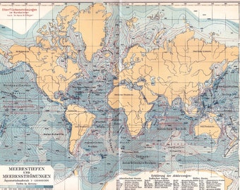 1927 Warm and Cold Ocean Currents of the World Seas with Depth Figures - Gulf Stream, Humboldt Current, Original Antique Statistical Map