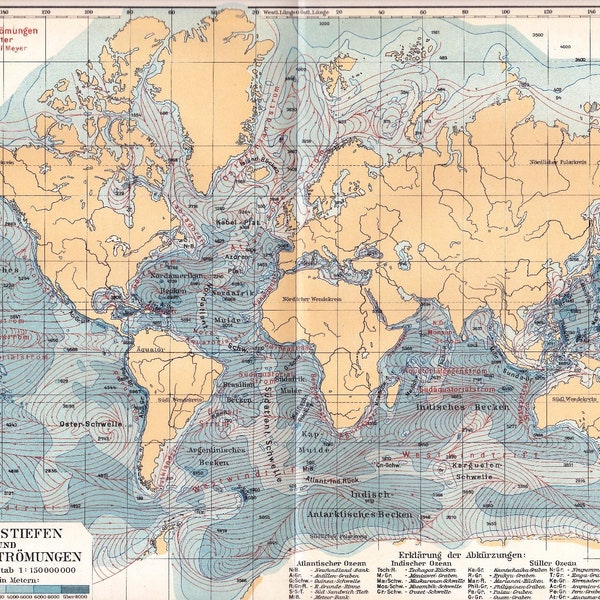 1927 Warme und kalte Meeresströmungen der Weltmeere mit Tiefenfiguren - Golfstrom, Humboldt-Strom, Original Antike Statistische Karte