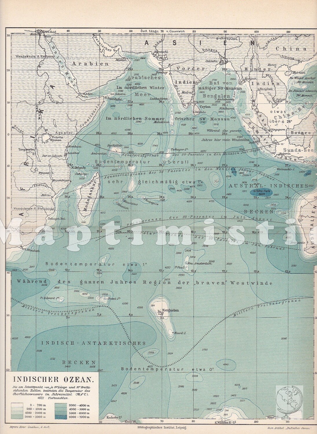 1903 INDIAN OCEAN, the Third Largest Ocean bounded by Asia, AFRICA and Australia with Depth Values - Original Antique Geographical Map