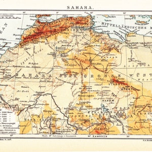 1905 SAHARA die größte Wüste der Welt im 19 Jahrhundert mit dem ATLAS Berg, Afrika Original antike Landkarte zum Rahmen