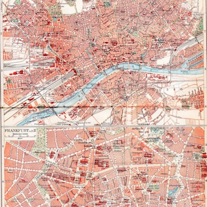 Mapa de la ciudad de 1929 de FRANKFURT am Main, Hesse-Nassau, ALEMANIA a principios del siglo XX Mapa antiguo original fechado para enmarcar