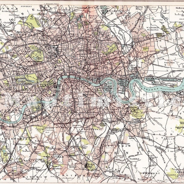 1895 Ciudad de Londres con el río Támesis - West End, Fulham, The City, Hampstead, a finales del siglo XIX Mapa antiguo original