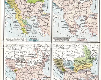 1897 Rising of the Ottoman Empire, Territorial Developement in Europe from the 14th Century until 1887 Original Antique Dated Map